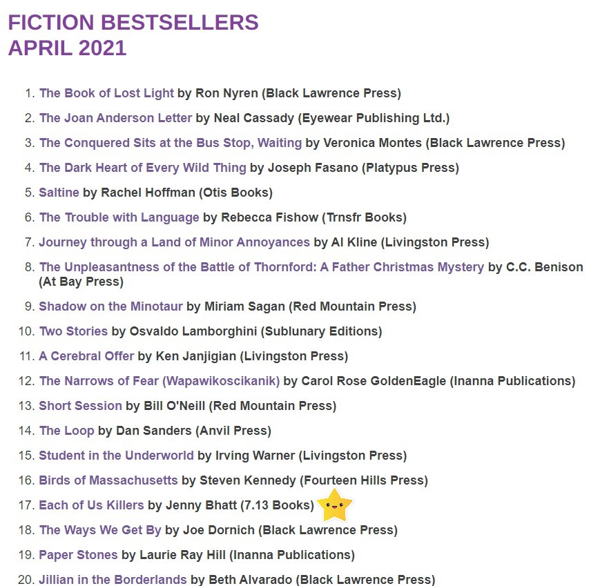 jennybhatt's tweet photo. Nine months since pre-orders began, #EachofUsKillers is still on the SPD bestseller list. Much lower now, of course, given how many new indie books are released each month. But this means people are still buying the book. For which I'm hugely grateful. .@713Books https://t.co/DqAgKKYOaL