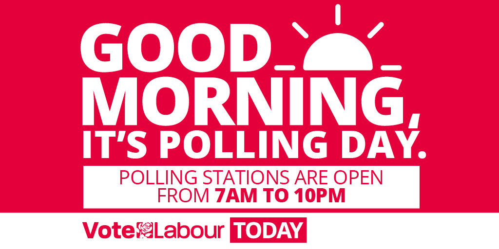 Good morning! It's polling day.

Get to your polling station and vote Labour!

Find your polling station here: iwillvote.org.uk

Make sure your family and friends don't forget!