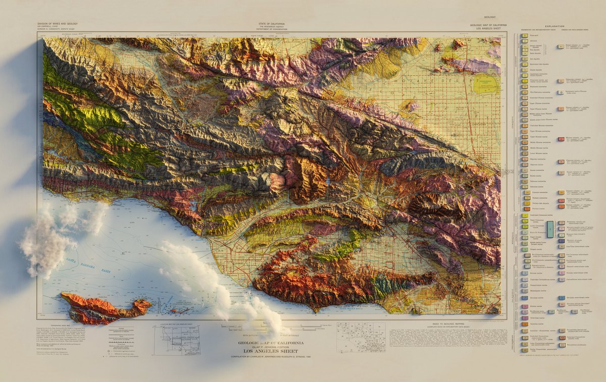 Cloudy Geologic Map of California - Los Angeles Sheet - 1969 - Army Map Service, Corps of Engineers / USGS

#arcgispro #b3d #geology #geography #GIS #dataviz #3Dart