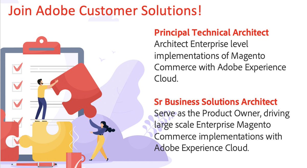 magentogirl's tweet image. Would you like to work at one of the top software companies in the world? Join us at Adobe Customer Solutions for Magento Commerce! We are hiring a Principal Technical Architect and a Sr Business Solutions Architect full time in the US only. DM me if you are interested!