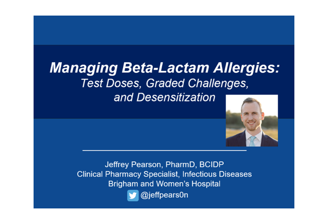 BrighamPharmacy's tweet photo. Day 1 of #NECCS! There were so many amazing presentations today but special shout out to our very own @jeffpears0n for a great discussion on managing beta-lactam allergies, a common question many of us encounter! #NECCS #TwitteRx https://t.co/HQRjyVb8c1