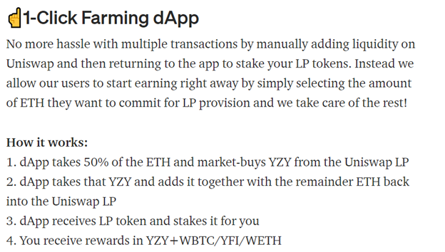  $YZY is a community owned DAO that gives voting power to LP Stakers.  $YZY used an innovative 1-Click farming dApp that I have never seen in another platform and gave confidence in the devs abilitiesStakers earned  $YZY,  $BTC,  $YFI () and  $ETHAs a  $YFI supporter, I was pumped