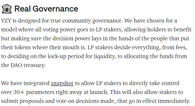  $YZY is a community owned DAO that gives voting power to LP Stakers.  $YZY used an innovative 1-Click farming dApp that I have never seen in another platform and gave confidence in the devs abilitiesStakers earned  $YZY,  $BTC,  $YFI () and  $ETHAs a  $YFI supporter, I was pumped