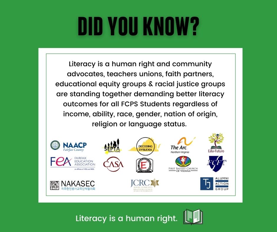 Literacy is a human right. We need better literacy outcomes for all FCPS students regardless of income, ability, race, gender, nation of origin, religion, or language status. NOW IS THE TIME TO ACT!  @TJAlumniAG  @FairfaxNAACP  @FCSEPTA  @DDVA13  @FEA_Fairfax  @FCFTcares  @Edu_Futuro