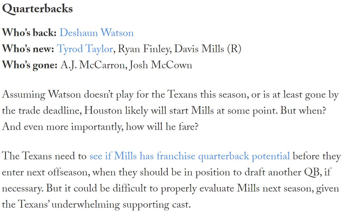 What gets lost in the Texans drafting Davis Mills in the 3rd round is that it was their first pick of the draft. No, the investment isn't the same as a 1st-round pick, but they clearly want to see what he's got. Could be a solid late-round QB target in superflex dynasty leagues.