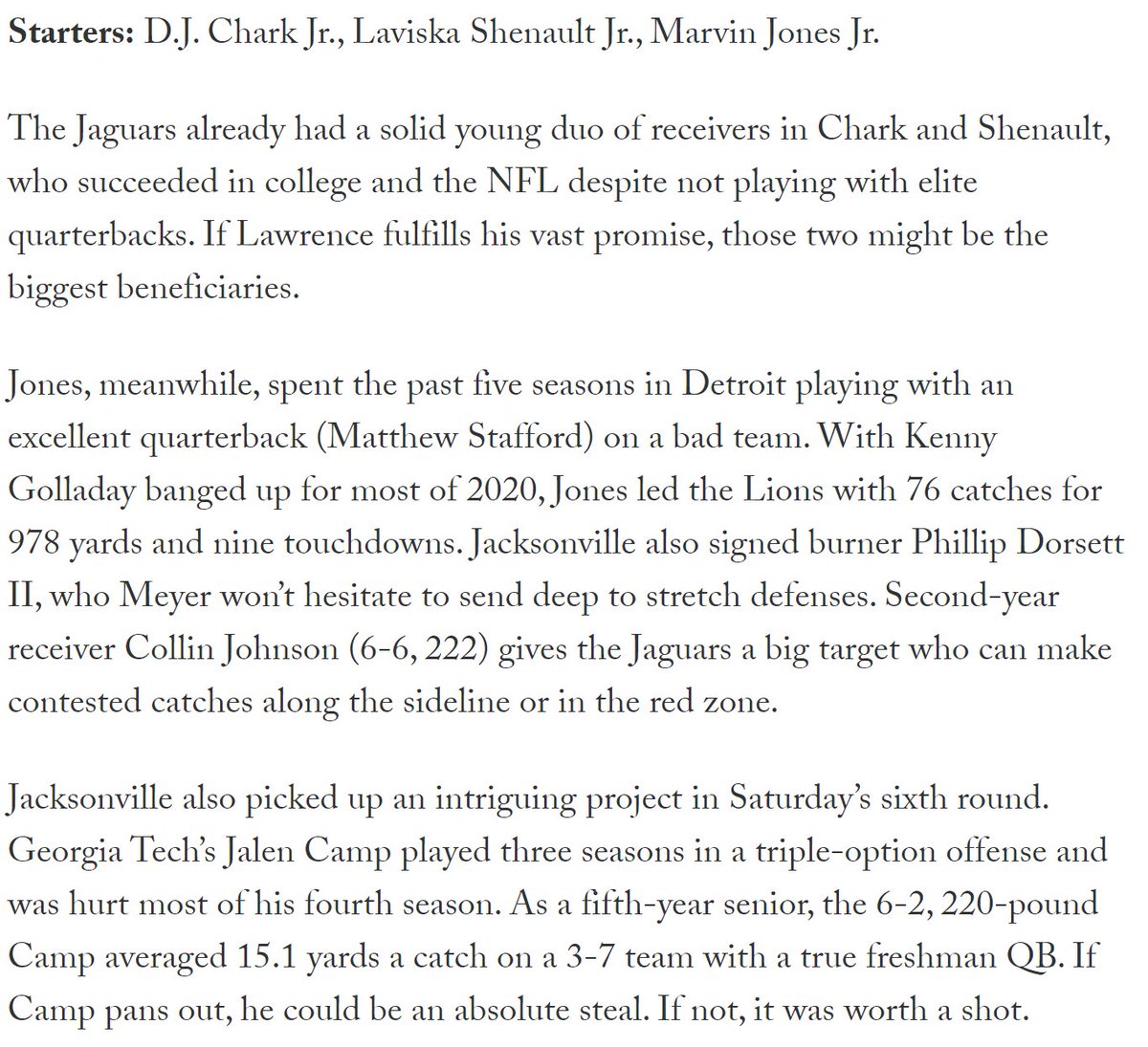 The best part about the Jaguars' starting WRs is all of them having a Jr in their name... Behind Chark, who knows how this will play out. Collin Johnson played well down the stretch and I expect would've been the #3 if not for Marvin Jones (who is 31) coming in.