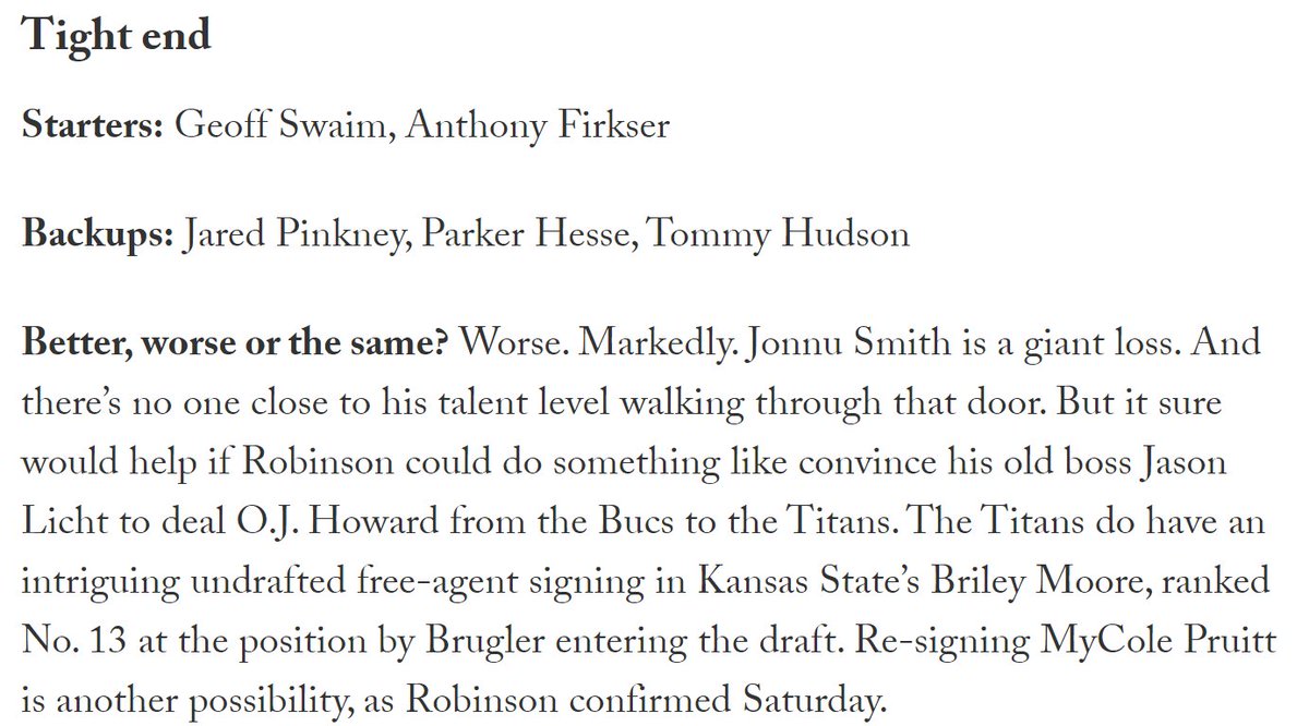 Not sure what else to say about the Titans other than this offense will run through Henry and AJ Brown. At tight end, it looks like it's the Firkser show, who played well last year, but this suggests that the Titans aren't done at filling the Jonnu Smith hole.