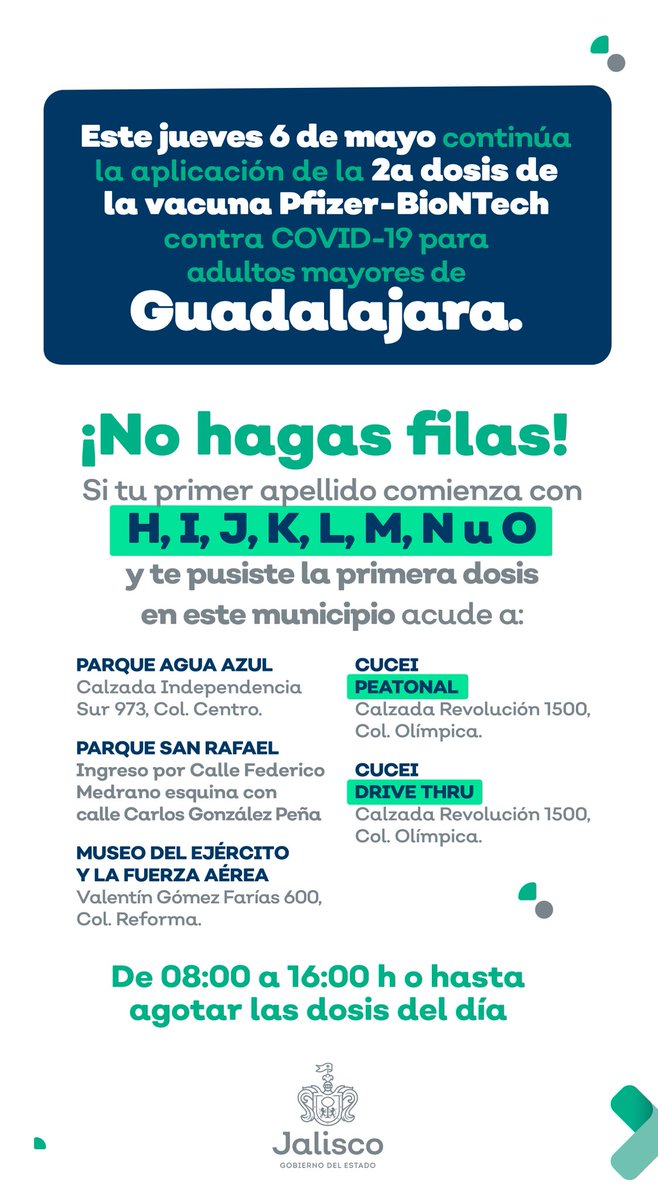 Secretaria De Salud Jalisco On Twitter La Jornada De Vacunacion Contra Covid 19 En Guadalajara Para Adultos Mayores Llega A Su Tercer Dia Sigue Las Recomendaciones Y Acude Por Tu Segunda Dosis