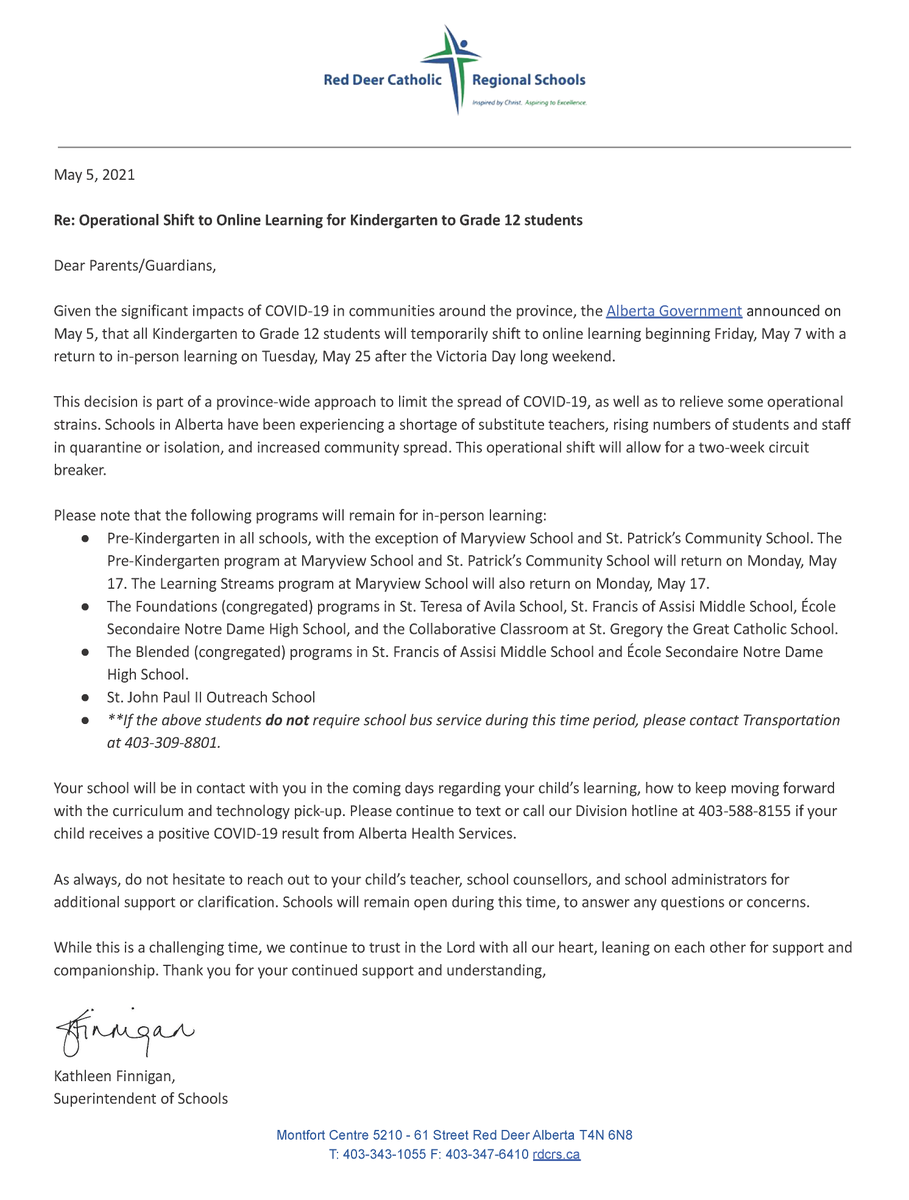rdcrs's tweet photo. The Alberta Government announced on May 5, that all Kindergarten-Grade 12 students will temporarily shift to online learning beginning May 7 with a return to in-person learning on May 25. Please read the letter from Kathleen Finnigan, Superintendent of Schools. #rdcrs https://t.co/tZ2SVp6kLf