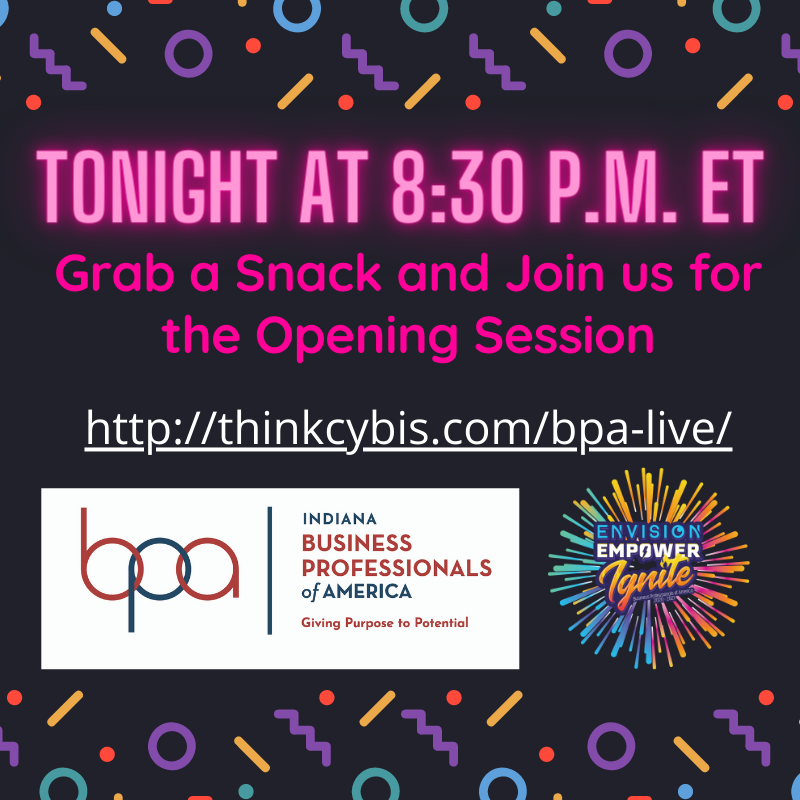 Indiana BPA is gearing up for the Opening Session of the 2021 National BPA Virtual Conference.  Join us in about an hour for the live event from the comfort of your home.  See you virtually! #inbpa