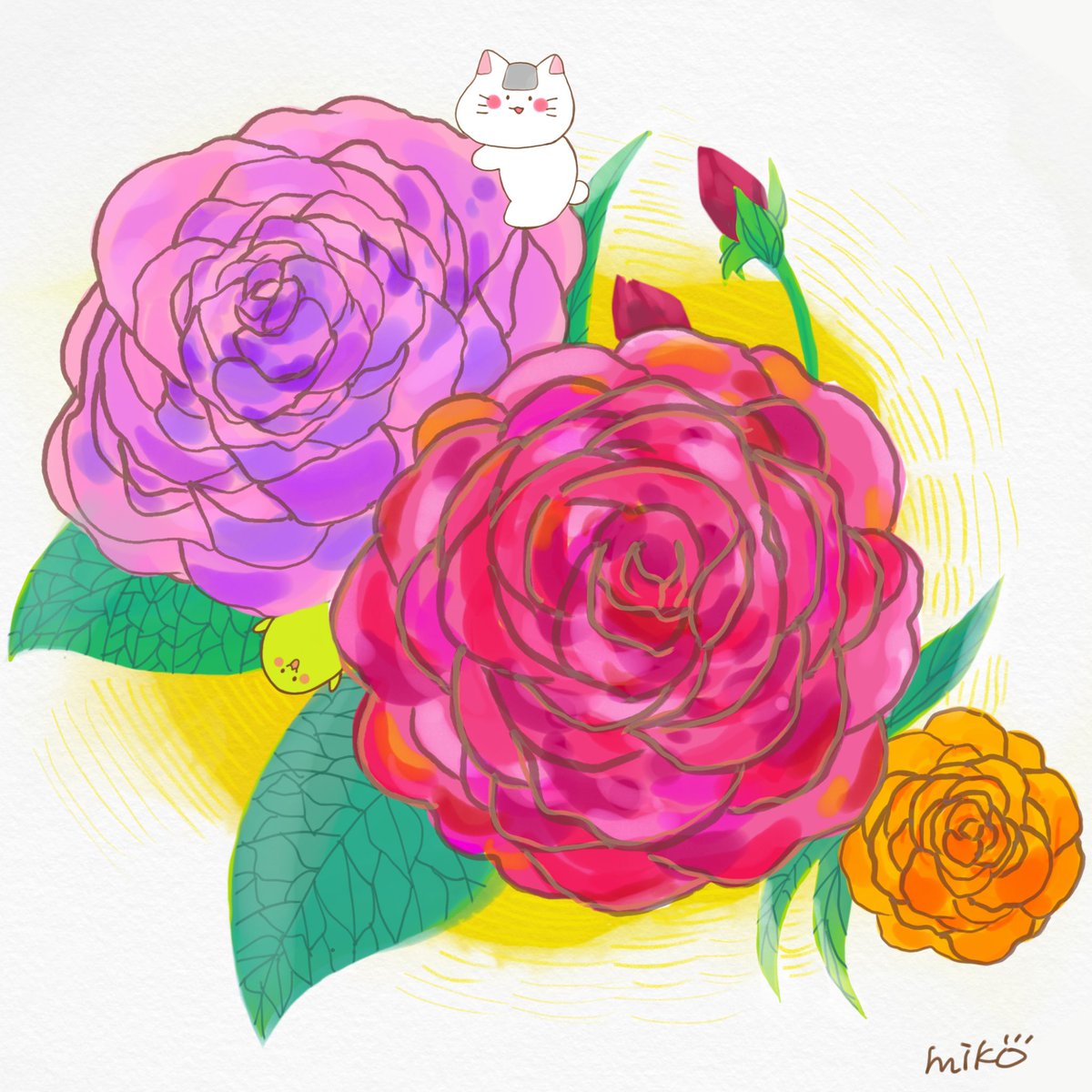 みぃこ 薔薇 花言葉は愛 美 お花って描くの難しいけど 色々な色を使って楽しく描くことが出来ました イラスト好きな人と繋がりたい デジタルイラスト お絵描き好きな人と繋がりたい クリエイター もちにゃんと枝まる 癒しキャラ イラスト