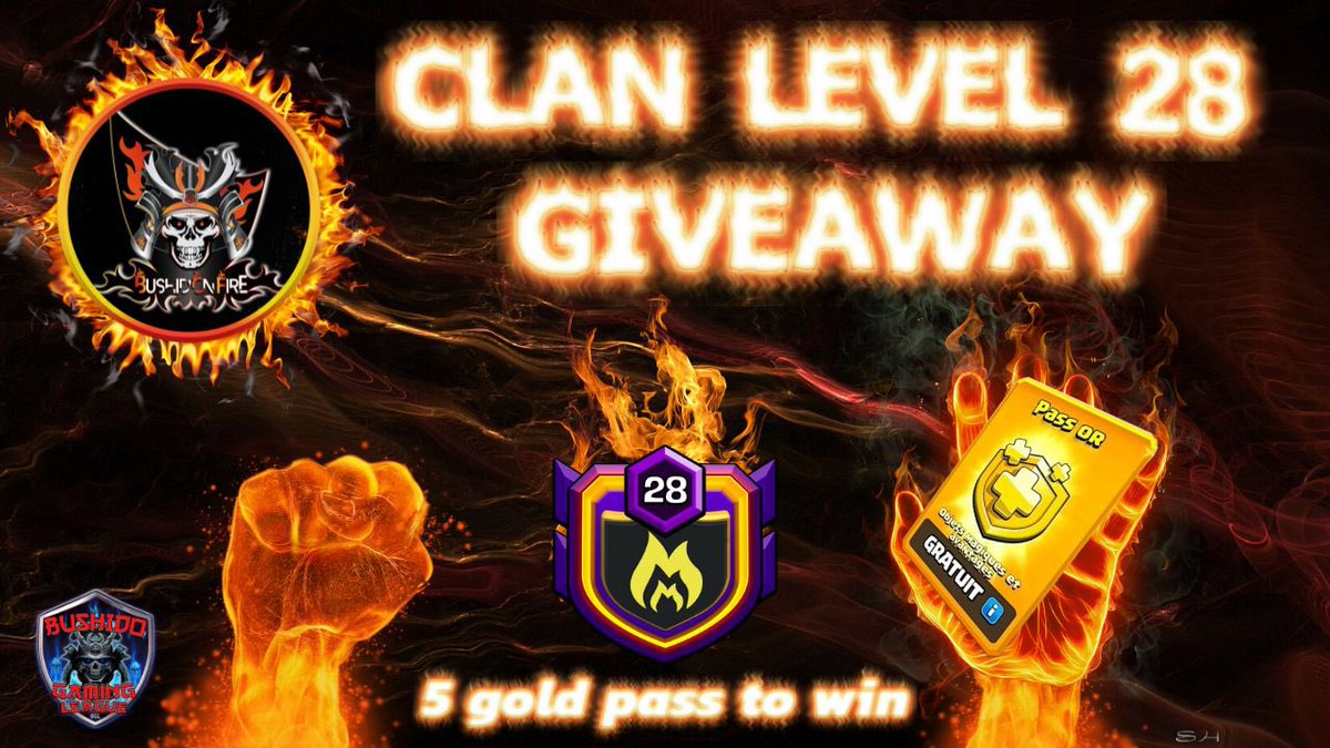 Hi everyone!
Hope you have been enjoying the 1st TH14 SSCWL !?🔥
To celebrate getting to clan level 28 here is some Giveaway!

🎁Win 5 Gold Pass🎁 

🦄MUST FOLLOW @BushidOn_Fire and @BGLcoc
🦉RETWEET &amp; LIKE
🐶TAG AT LEAST 2 FRIENDS
🐃ENDS May 11th 2021
(PayPal Required)