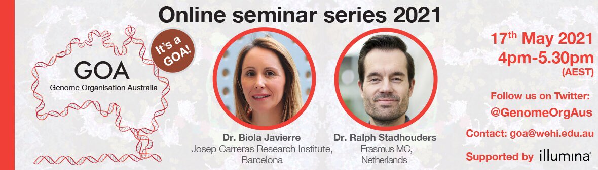 Genome Organisation Australia (@genomeorgaus) on Twitter photo Hello to all genome organisation lovers. We are excited to announce our next GOA meeting on the 17th of May will now feature the fantastic <a href="/BiolaMJavierre/">Biola M. Javierre</a> and <a href="/R_Stadhouders/">Ralph Stadhouders</a> please register below unimelb.zoom.us/webinar/regist… Hello to all genome organisation lovers. We are excited to announce our next GOA meeting on the 17th of May will now feature the fantastic <a href="/BiolaMJavierre/">Biola M. Javierre</a> and <a href="/R_Stadhouders/">Ralph Stadhouders</a> please register below unimelb.zoom.us/webinar/regist…