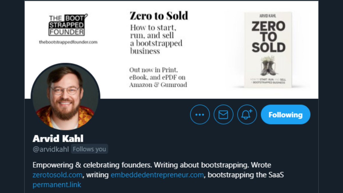 Person:  @arvidkahlHow: Arvid is an author and founder who sold his SaaS company at $55k MRR.He writes books in public (Zero to Sold, The Embedded Entrepreneur) by surveying and talking to future founders. He continually uplifts other indie hackers to amplify their journey.