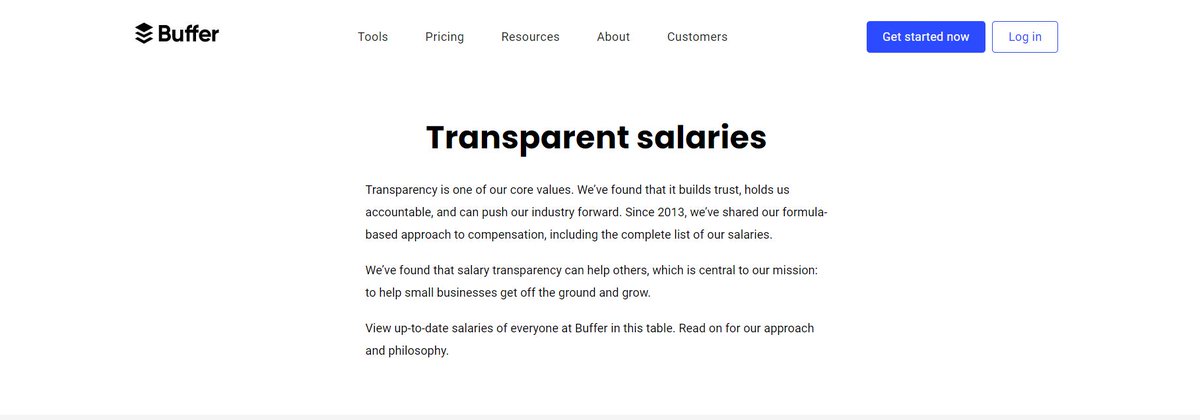 Company:  @buffer (CEO:  @joelgascoigne)How: In 2013, Buffer made the following aspects of their company transparent, open to anyone on the internet to see:• Salaries / equity• Investor letters• Product roadmapsWhy: to build trust with both customers and employees.