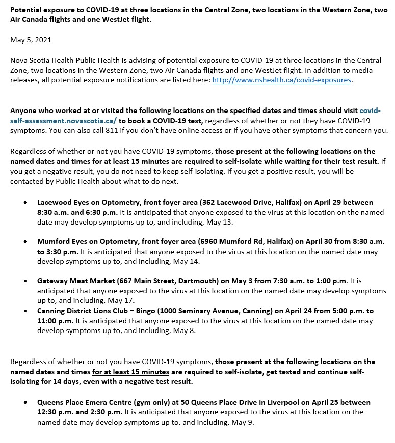 Nova Scotia Health On Twitter Nova Scotia Health Public Health Is Advising Of Potential Exposure To Covid 19 At Three Locations In The Central Zone Two Locations In The Western Zone Two Air