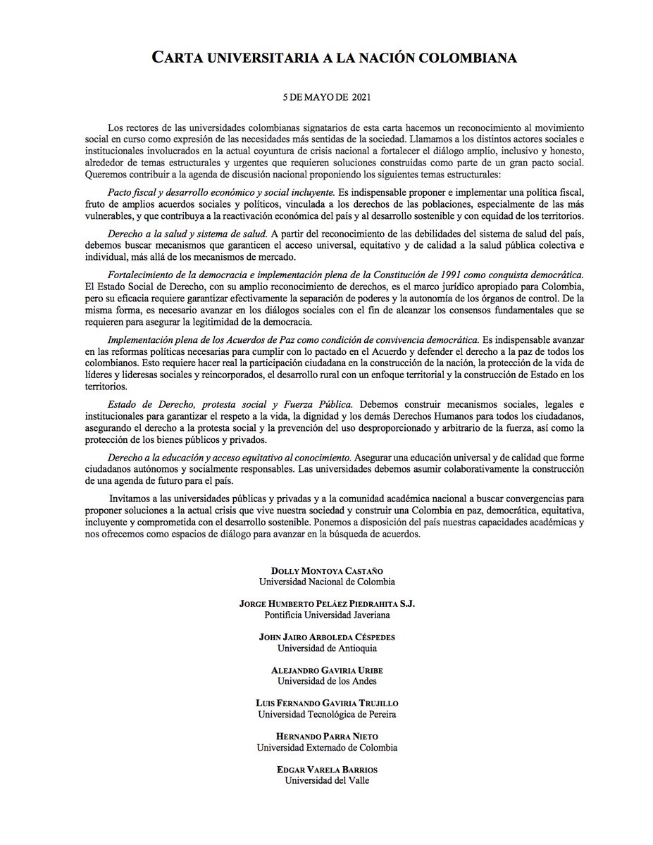 DollyMontoyaUN's tweet photo. Invitamos a los distintos actores sociales e institucionales a buscar convergencias para proponer soluciones a la actual crisis y construir una nación en paz, democrática, equitativa, incluyente y comprometida con el desarrollo sostenible, fruto de un gran pacto social #SomosUNAL https://t.co/3VLT29ib8V