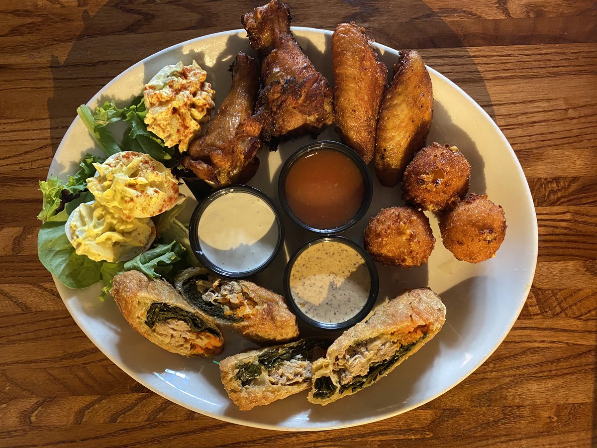 However, I really did enjoy the sampler appetizer plate at The Pit. Great chicken wings, fried pimento cheese balls, deviled eggs, and egg rolls stuffed w/ collards, pork BBQ, and sweet potatoes.