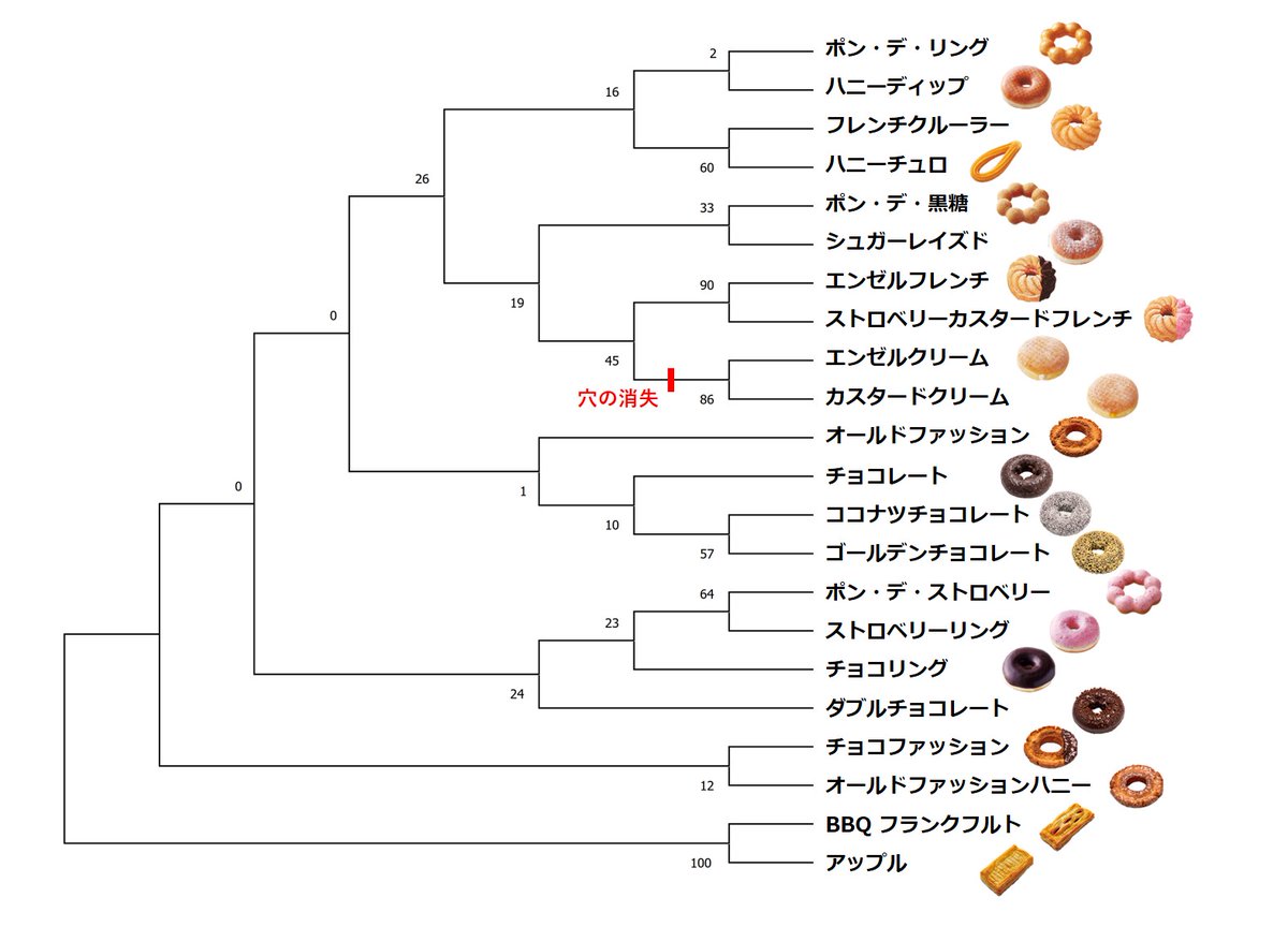 A 分岐分析の結果 クリームに至る系統で一回だけドーナツの穴が二次的に消失した ハニーチュロは特殊化したドーナツ ポン デ属は解体したほうがいい ドーナツの写真はミスド公式サイトから A 分岐分析の結果 クリームに至る系統で一回だけドーナツの穴が二次的に消失した ハニーチュロは特殊化したドーナツ ポン デ属は解体したほうがいい ドーナツの写真はミスド公式サイトから