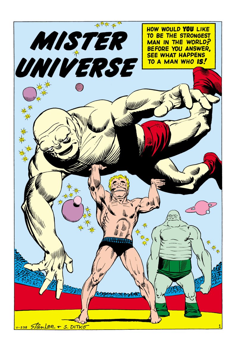 Last one tonight.This story in AMAZING FANTASY #10 gave me a nightmare as a kid. It's by Lee & Ditko and it's messed up.Jerky bodybuilder from Earth gets to compete in a REAL Mr. Universe competition.I'm including the twist ending. But you should find & read the whole thing.