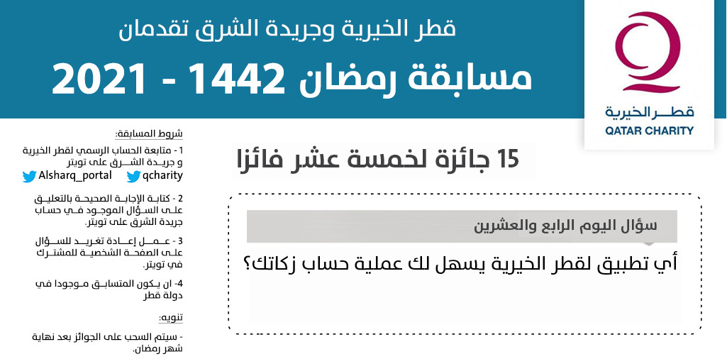 alsharq_portal's tweet photo. 🌙قطر الخيرية وصحيفة الشرق تقدمان مسابقة رمضان 1442- 2021

⁉️سؤال اليوم الرابع والعشرين:

✅أي تطبيق لقطر الخيرية يسهل لك عملية حساب زكاتك؟

#رمضان_مبارك
@qcharity https://t.co/qsMgcFQwhy