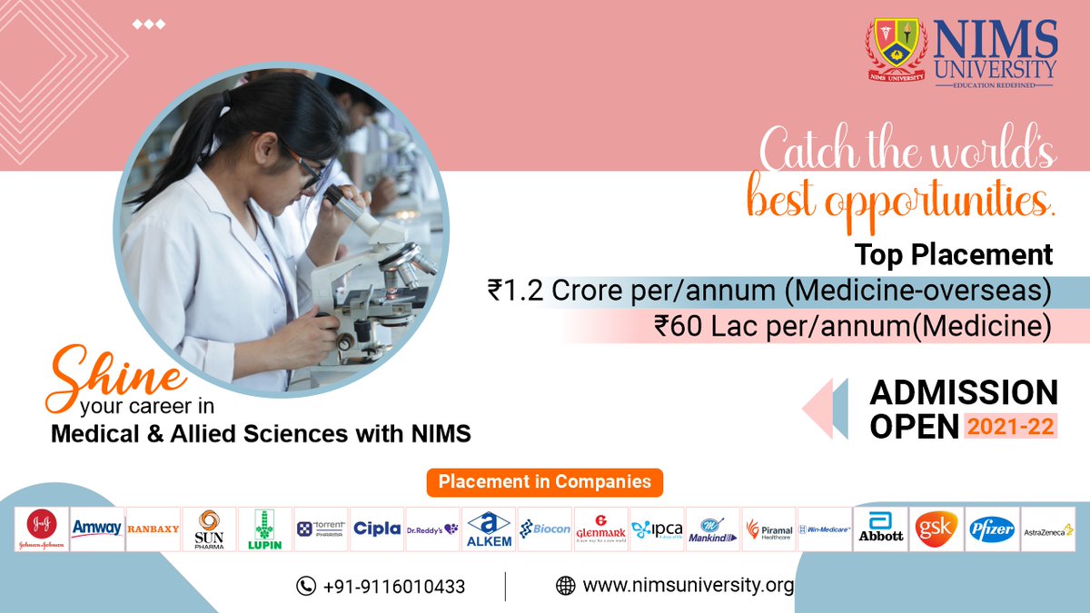 Make your future in Medical &amp; Allied Sciences with #NIMSUniversity and catch the world's best opportunities.

#AdmissionOpen for session 2021-22.

For inquiry:
• Call: 9116010433
• Visit: nimsuniversity.org

#NIMS #NIMSUniversity #NIMSChairman #NIMSMedicalCollege #medicine
