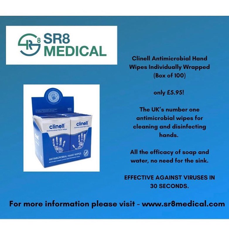 The UK’s number one antimicrobial wipes for cleaning and disinfecting hands. All the efficacy of soap and water, no need for the sink.

You can shop full range of medical supplies, PPE and exclusive deals here with FREE DELIVERY when you spend over £100👉🏼 sr8medical.com