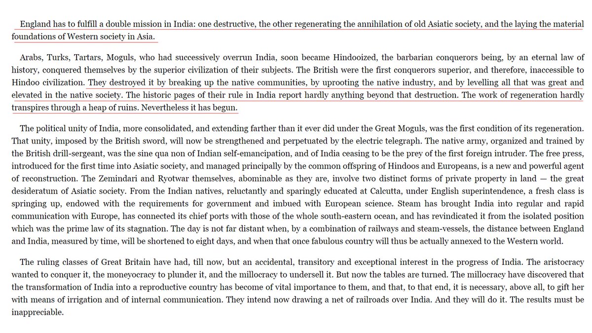 8/n Marx then writes, "England has to fulfill a double mission in India: one destructive, the other regenerating the annihilation of old Asiatic society, and the laying the material foundations of Western society in Asia."