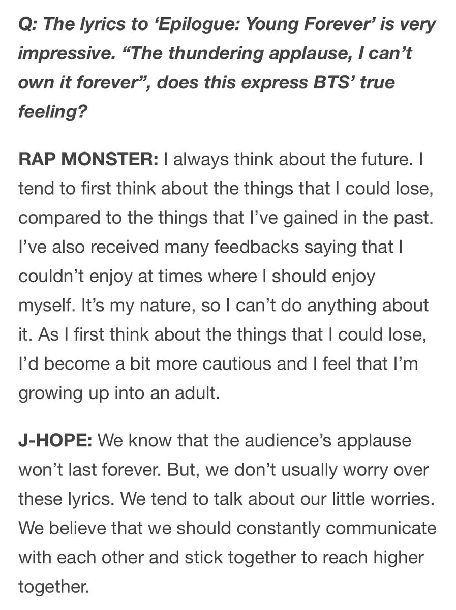 “I always think abt the future. I tend to first think abt the things that I could lose, compared to the things that I’ve gained in the past. I’ve also had a lot of feedback saying that I didn’t enjoy times where I should hv enjoyed myself. It’s my nature…”Namjoon Aug 2016 Star1