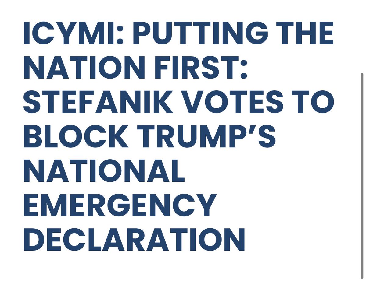 Elise Stefanik is now the front-runner to replace Liz Cheney as GOP Conference Chair. A thread on some of her votes in Congress1. Voted against Trump’s national emergency declaration for a wall https://stefanik.house.gov/media-center/press-releases/icymi-putting-nation-first-stefanik-votes-block-trump-s-national