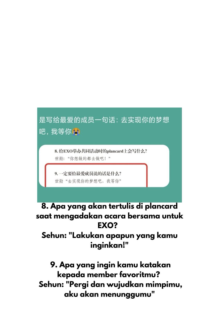 "Ini adalah kalimat untuk anggota favorit Anda: Wujudkan impian Anda, saya akan menunggu Anda."Sehun "Pergi dan wujudkan mimpimu, aku akan menunggumu""Aku akan menunggumu" kalimat yang gak hanya untuk member exo doang. Tapi yang di china juga dong 