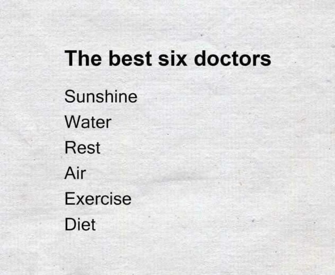 ShakeelPakhtun's tweet photo. The best 6 doctors:...
🌹-Sunshine
🌹- Water
🌹- Rest
🌹- Air
🌹- Exercise
🌹- Diet
#Exercise #Nutrition #SunlightHeals #Sleep #Health #Diet #Air #Rest #Meditation #Water https://t.co/U53WC2AGkl