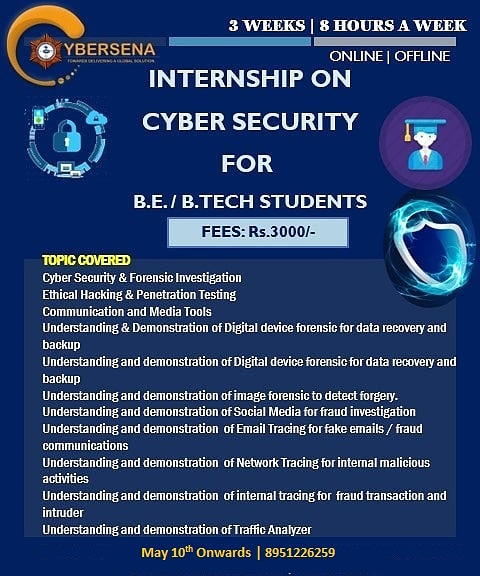 CybersenaD's tweet photo. INTERNSHIP ALERT!!
 Statistics states the need for information security analysts will increase by 18% over the next seven years. 
 Plan your career wisely and grab this amazing opportunity of learning from cyber security experts of Cybersena R&amp;D India Pvt. Ltd. 
Hurry Up! https://t.co/Yr0hIrP6Xn