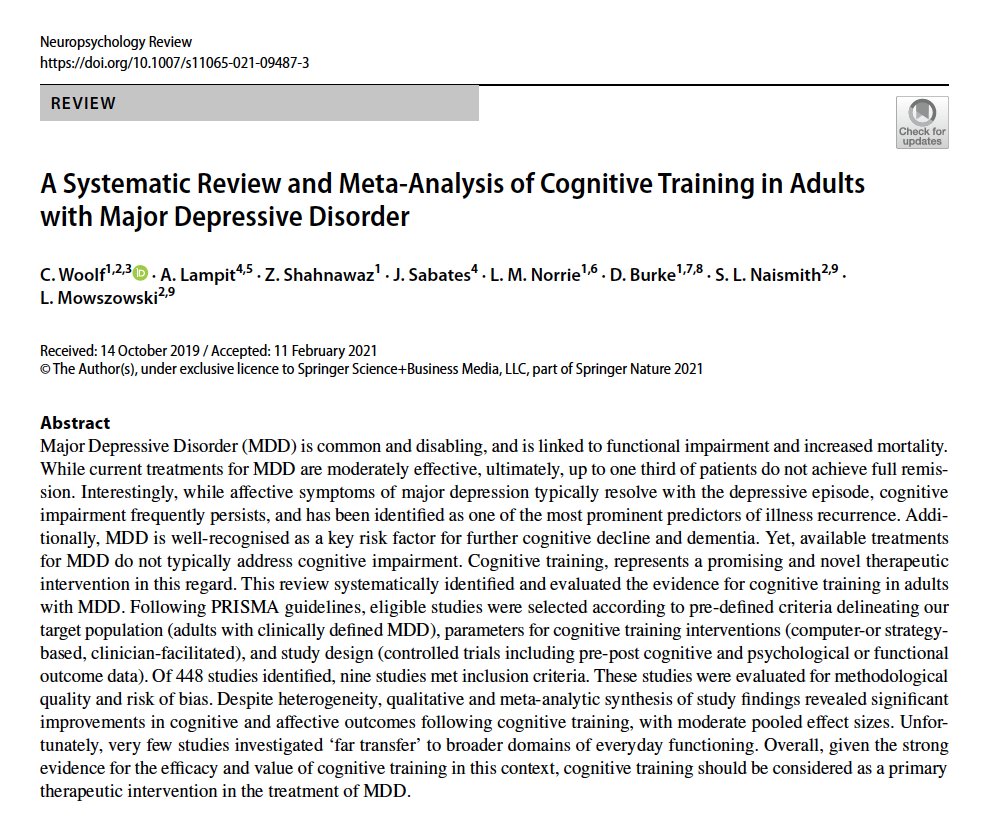 Check out this meta-analysis of #cognitivetraining for major depression by HBA's #LorenMowszowski, @Prof_Naismith, @CogTx &  #ClaudiaWoolf. It seems this intervention works! Look out for Claudia's implementation work in St Vincent's Old Age Mental Health Service! @APS_CCN_PD