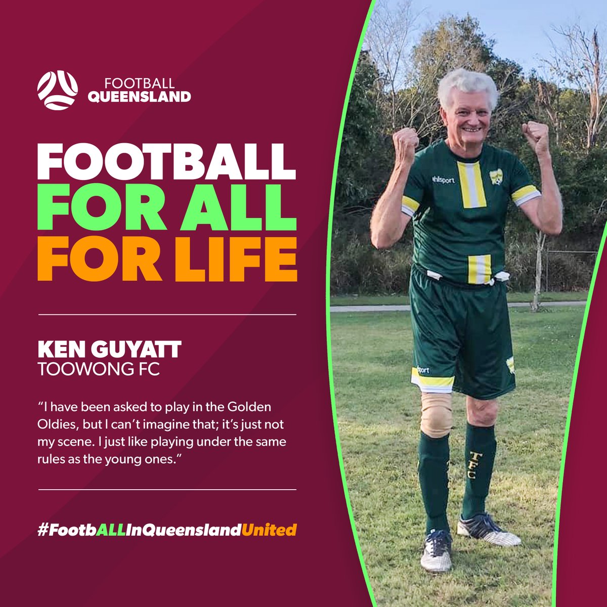 FootballQLD's tweet photo. We caught up with 80-year-old @ToowongFC player Ken Guyatt for the first in a series of Football For All, For Life profiles, which shine a light on the inspiring characters that make up the Queensland football community. 
 
Read Ken's story: https://t.co/OQULcxhaD5

#Football4All https://t.co/i00vUx18q5