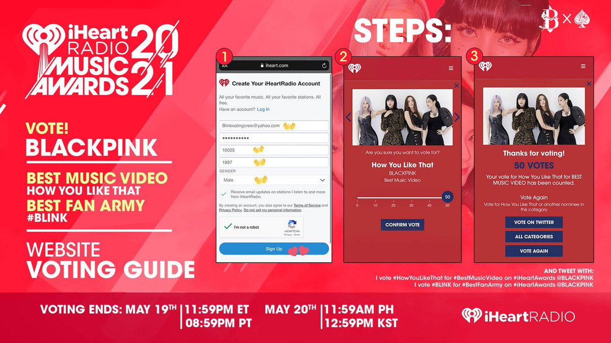 BLINKVotingPage's tweet photo. [📣 iHeart Radio | RESET TIME ] 

🔄Another day to cast our votes BLINKS, maximize   all our  votes both Twitter votes and on website💪 FIGHTING!!

🔗https://t.co/a8q5FZzyFz

I vote #HowYouLikeThat for #BestMusicVideo on #iHeartAwards @BLACKPINK https://t.co/TpaifRhgcd