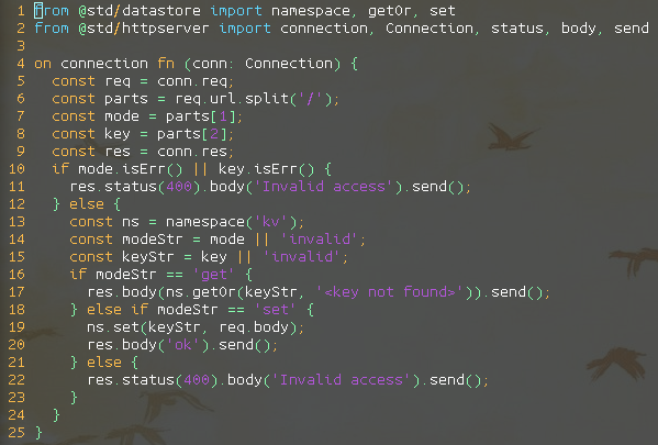 Much more to go, but another major milestone reached tonight! This snippet of code is a server implementing a distributed key-val store with an http/https interface (1.1 or 2.0), compiles in a second, deploys in minutes with `alan deploy` and gets proper certs for https!