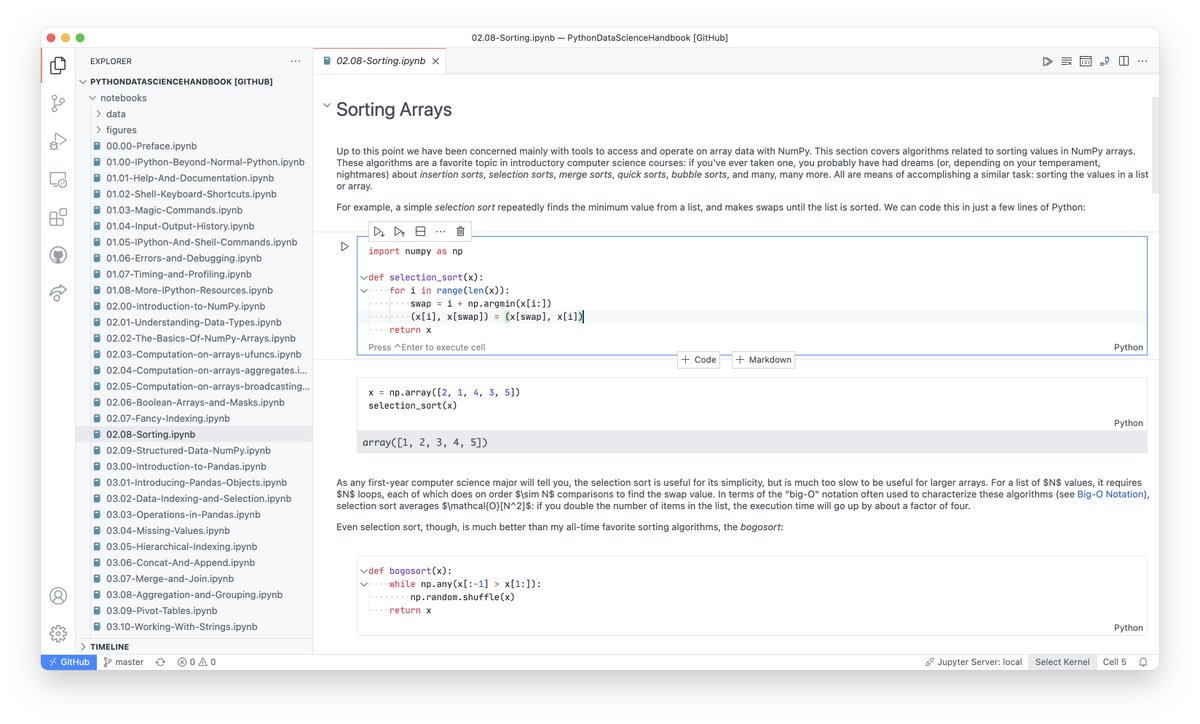 njukidreborn's tweet image. The Remote Repositories feature in @code Insiders allows you to browse GitHub repositories without cloning them locally. I'm now reading Python Data Science Handbook directly in VS Code, just plug and play!