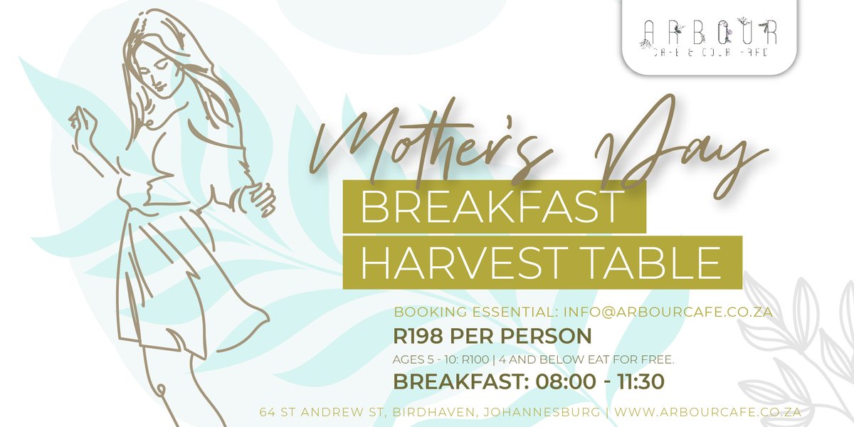 Spoil mom this Mother's Day at #ArbourCafe with a delicious harvest table for breakfast or lunch.

Breakfast: 08:00 - 11:30

Booking essential: info@arbourcafe.co.za

#ArbourDelicious #MothersDay #SpoilMom
