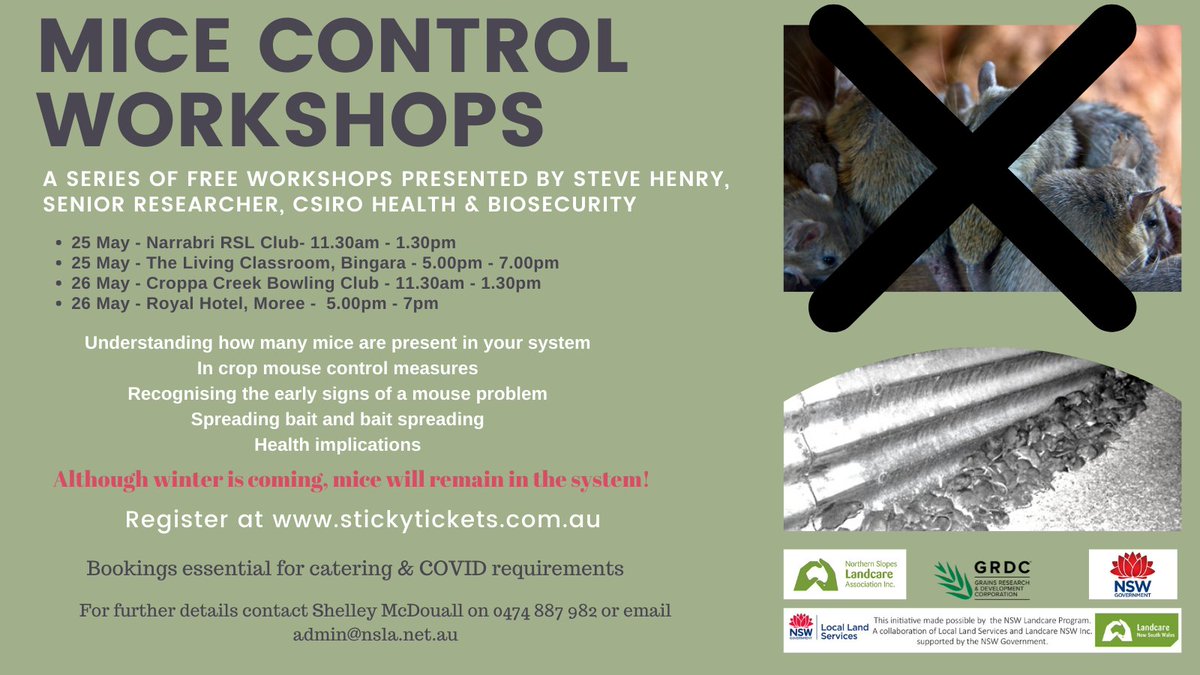 Free Mouse Control Workshops - to book go to : Narrabri workshop stickytickets.com.au/DZ4XX Bingara workshop stickytickets.com.au/OUN68 Croppa Creek Workshop stickytickets.com.au/TNQTX Moree Workshop stickytickets.com.au/IYXVQ