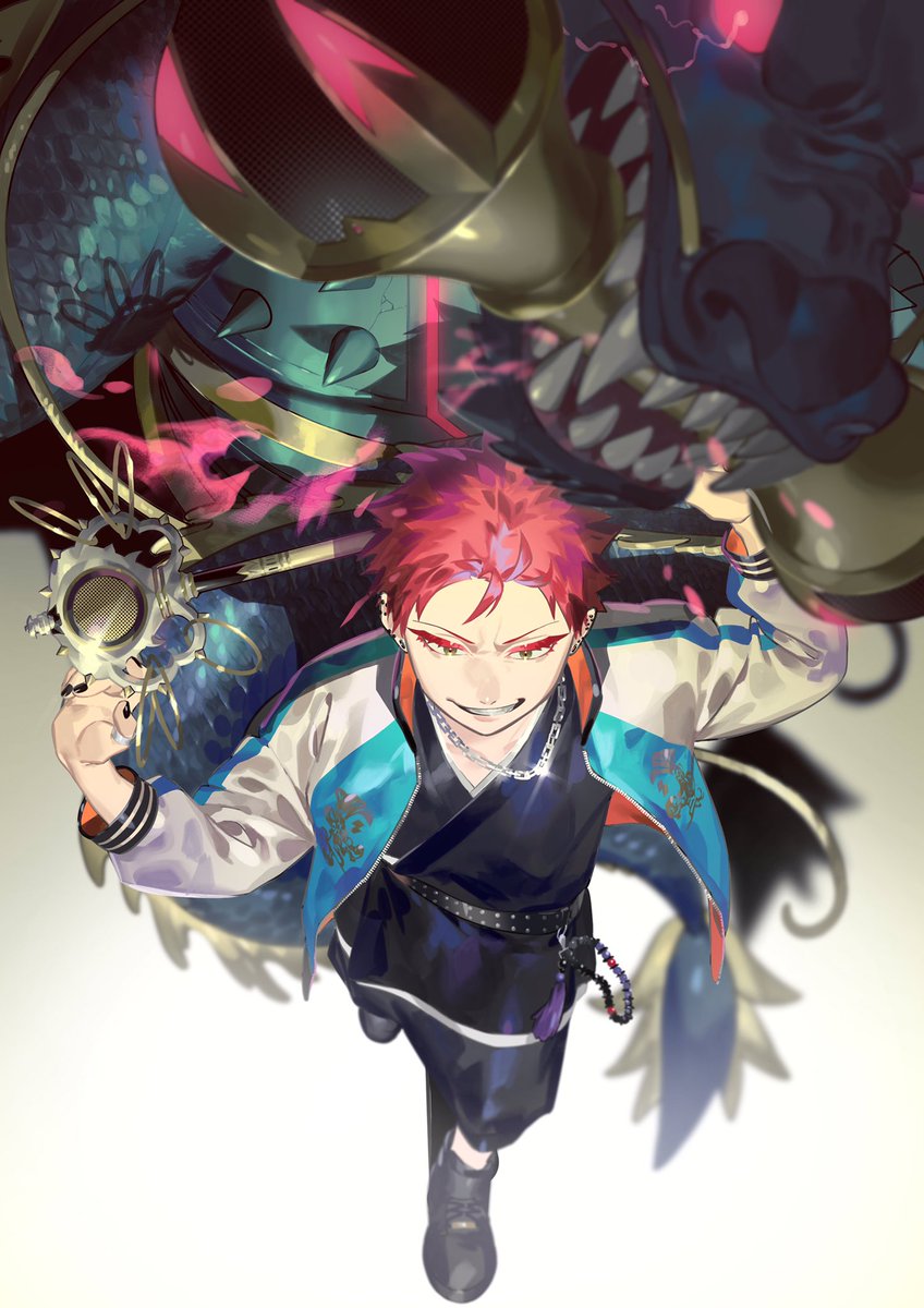1boy male focus jacket red hair jewelry ring sharp teeth  illustration images