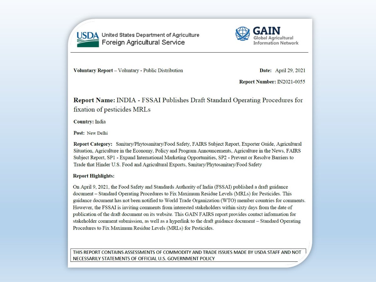 USDAIndia's tweet photo. #GAINReport #ReportAlert - @fssaiindia publishes draft SOPs for fixation of #pesticides residue levels – for details please read @USDAIndia report https://t.co/UhlAv6PmEY.

For more info write to us at: agnewdelhi@usda.gov

#fssaiindia #USDATrade #USIndia https://t.co/xm06llYnsV