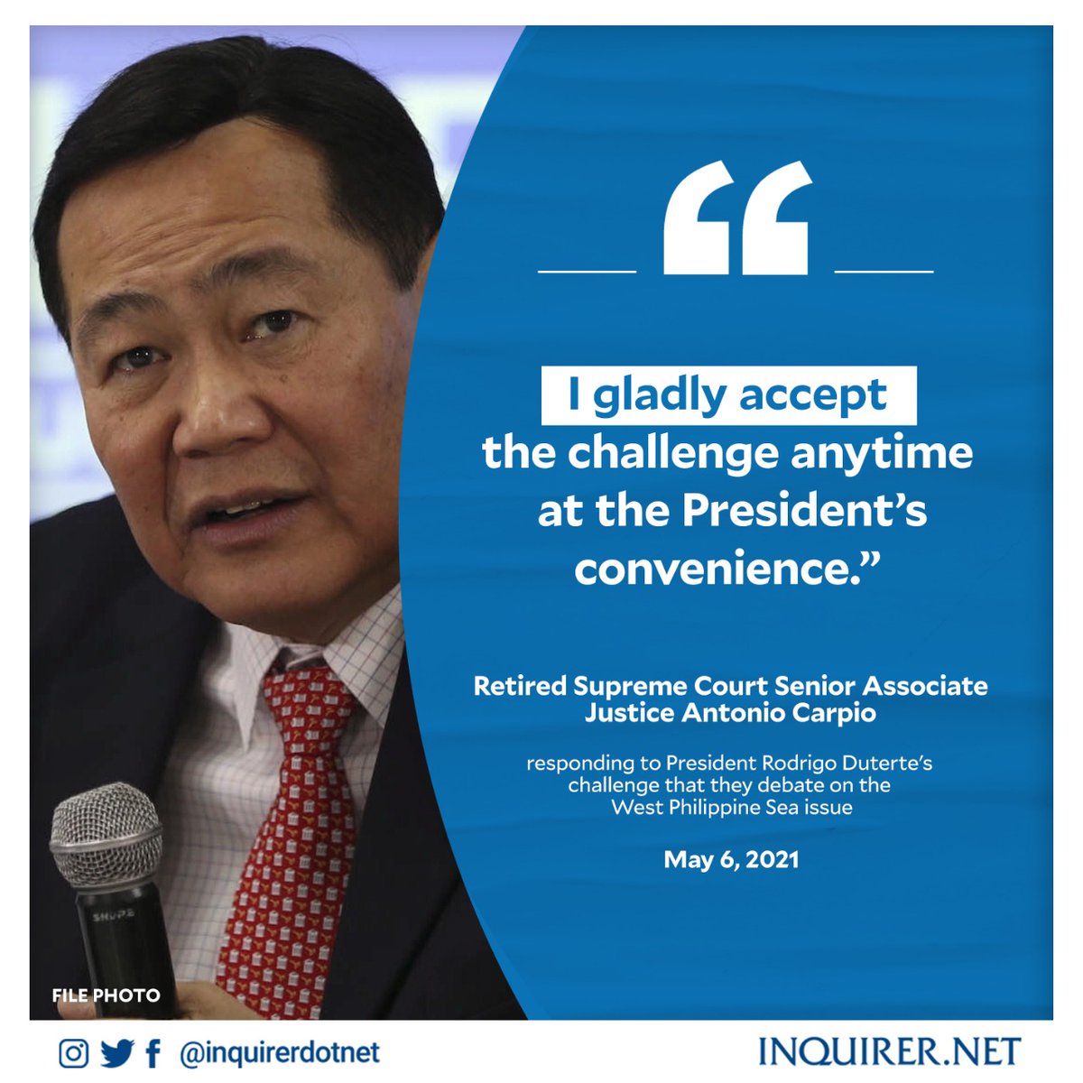 inquirerdotnet's tweet image. Retired Supreme Court Senior Associate Justice Antonio Carpio has accepted President Rodrigo Duterte’s challenge for a debate on the West Philippine Sea issue. inq.news/WPSdebate