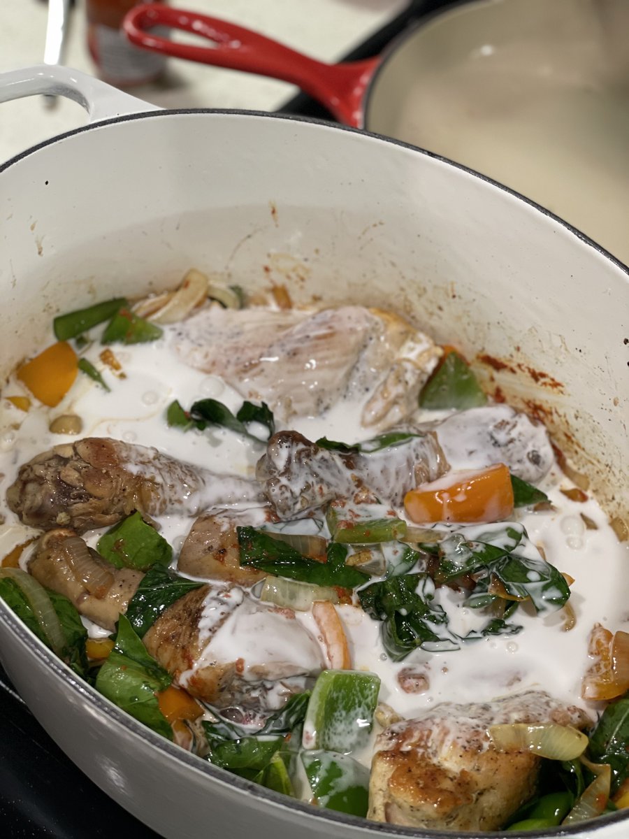Thai Chicken CurryI'm staring at this pic but can't remember the recipe. Brown chicken, set aside. Saute onions & bell peppers. S&P, pinch of coriander. Grate ginger if you have. Can of coconut milk. 3 blobs red curry paste. Chicken. Chard or kale. Boil, simmer, 20 min.