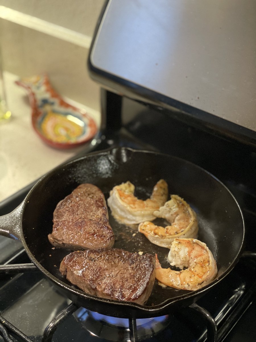 Finale: Steak & Gulf ShrimpClassic. For date night in. Sous vide a filet mignon. Throw it in the cast iron to brown the outsides. Perfect medium rare.During the last 3 min of cooking, add the shrimp which was just tossed in lemon juice, glug of olive oil, garlic, S&P.