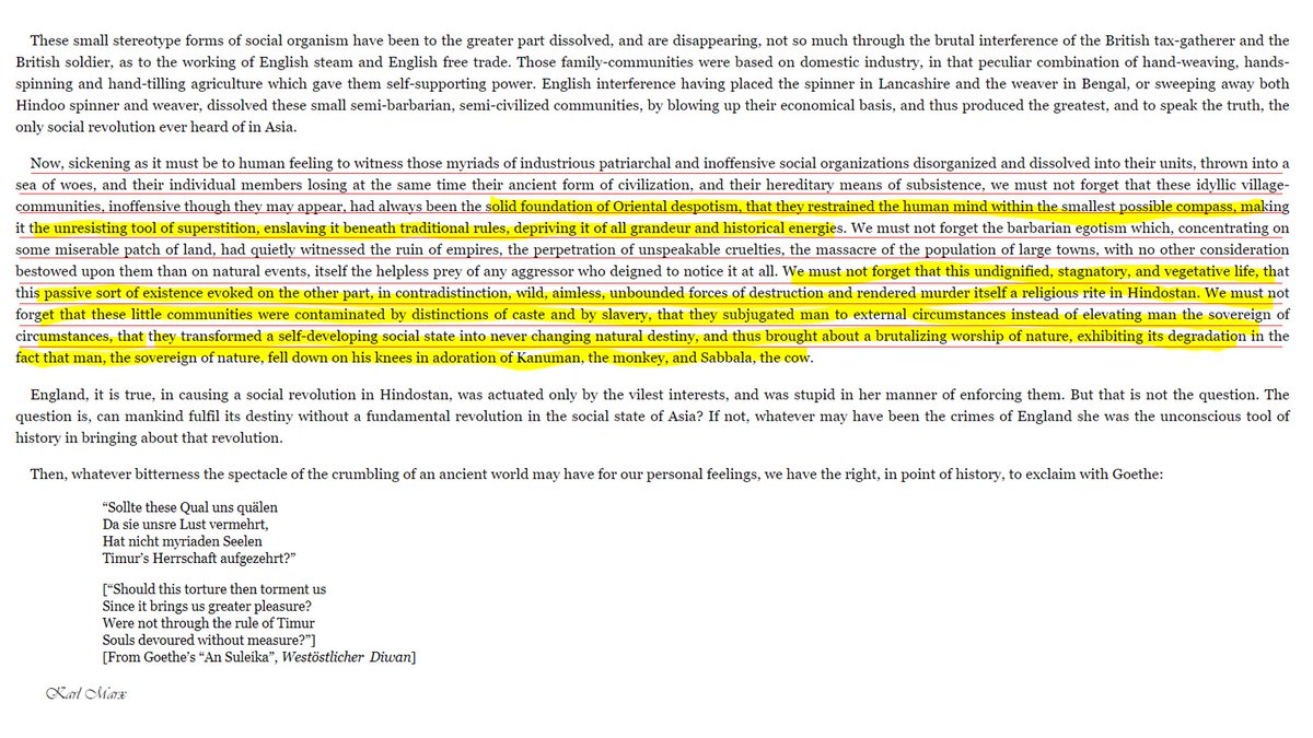 4/n Then Karl Marx goes on to humiliate Hindu beliefs of worshiping Hanuman, Cow & nature.He hints that how British were eradicating these beliefs.The great philosopher, Marx was so blinded by faith of Man being supreme, could not understand depth of nature worshiping.