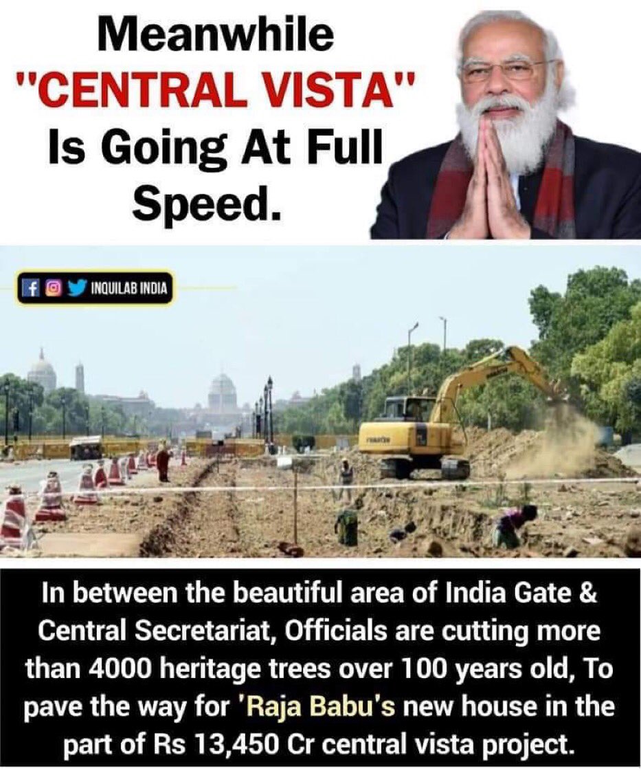 FellowcitizenEs's tweet photo. @narendramodi RIP to #Nature_Environment @narendramodi such a cruel&heartless Barbarian ruler who wants to built Palatial home🏠🏡for him,by cutting down 4000 Trees🌳🌲🌳. Already #Delhi badly pollution managed city in The World. Now 1000s of ppl are dying due to #OxygenShortage #SadistModi https://t.co/h3DQn2ut1D