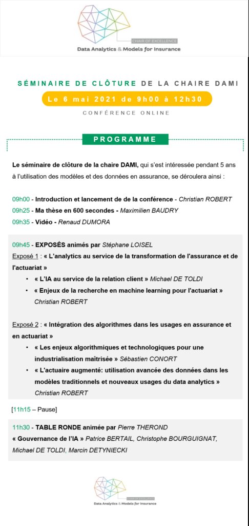 Ce matin, la <a href="/ChaireDami/">Chaire DAMI</a> organise sa conférence de clôture. Le résultat de 5 années d'un fort partenariat entre Labo SAF de <a href="/ISFA_Lyon1/">ISFA</a> et <a href="/bnpp_cardif/">BNP Paribas Cardif</a>  !  #ChaireDAMI