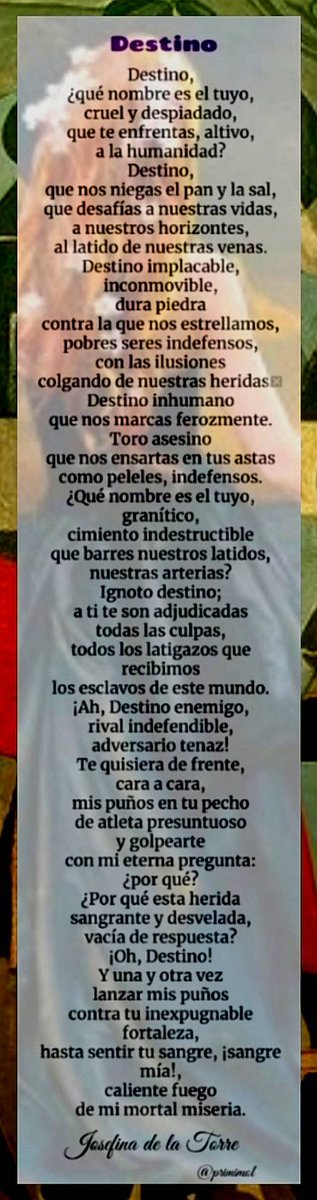 Prigamo's tweet photo. Buenos días buena gente.
      Destino
Josefina de la Torre (1907 - 2002) actriz, cantante lírica, novelista y poeta canaria, una de las Sinsombrero, movimiento femenino vinculado a la generación del 27.
#BuenosDiasATodos
#FelizJueves
#MujeresPoetas ♀️
#CafeYPoesia ☕📖✍️🌹🍀 https://t.co/kO7uZ7VLsE