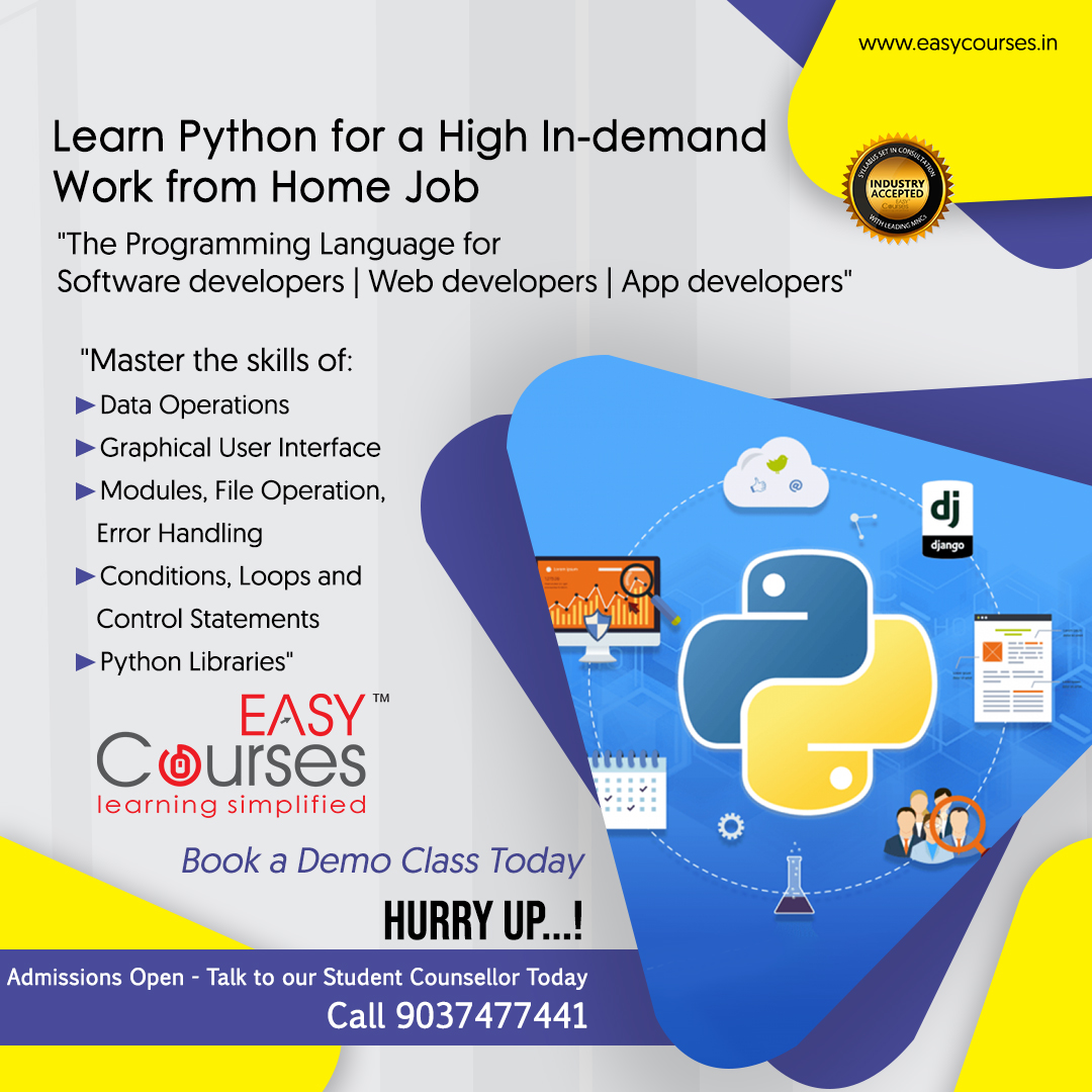 CoursesEasy's tweet image. #learnpythononline for a great career in the field of #technology . #bestpythoncourseonline offered by @CoursesEasy by working #professionals and hands-on #Training learn more @ easycourses.in/course/python